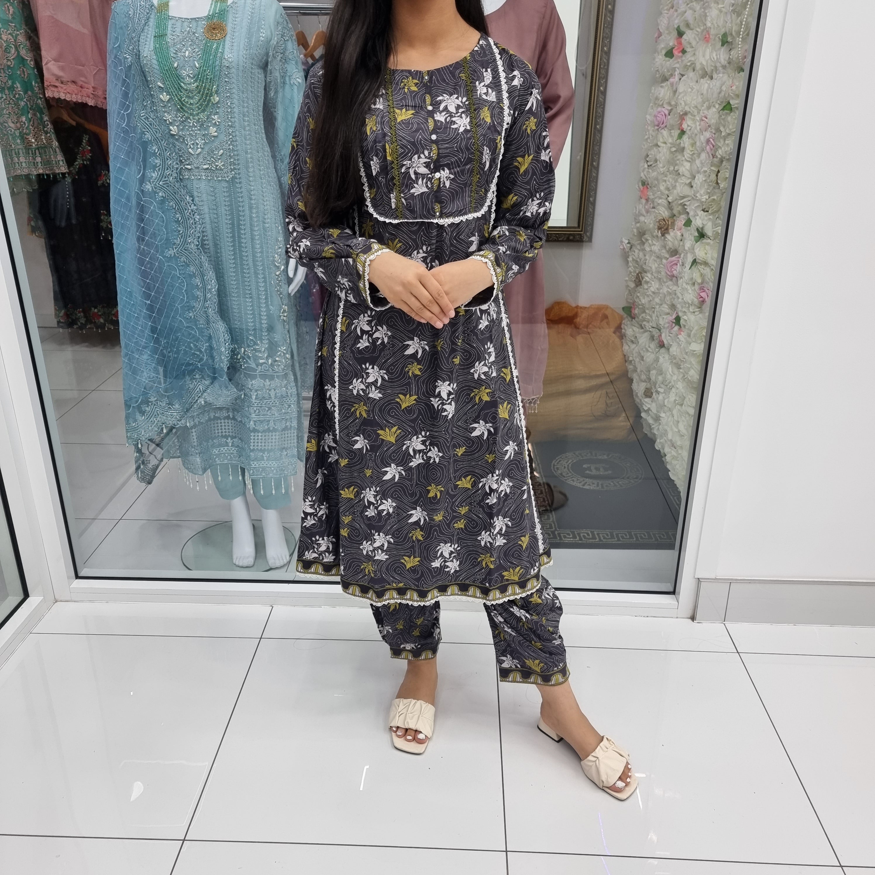 Luxury Pakistani 2 pce Linen Co-Ord Print Dress Ready to Wear Outfit (B)