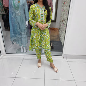Luxury Pakistani 2 pce Linen Co-Ord Print Dress Ready to Wear Outfit (LG)