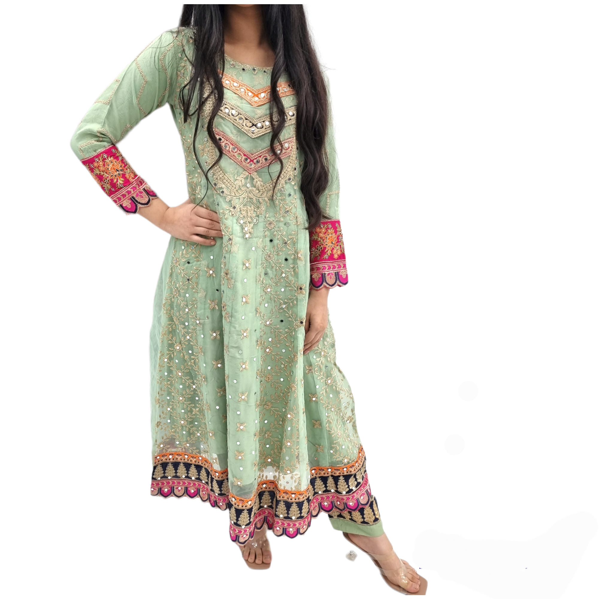 Pakistani Heavy Mirror Work Maxi Dress Embroidered Indian Outfit MNT