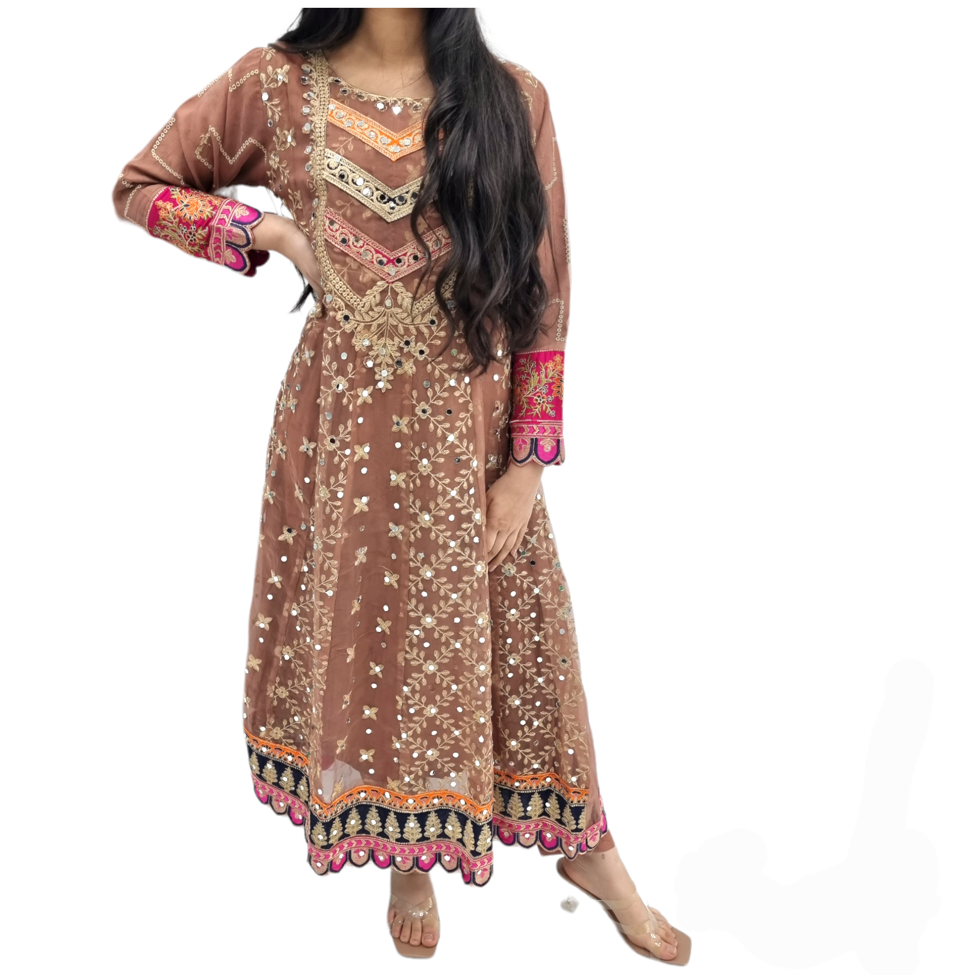 Pakistani Heavy Mirror Work Maxi Dress Embroidered Indian Outfit BUR