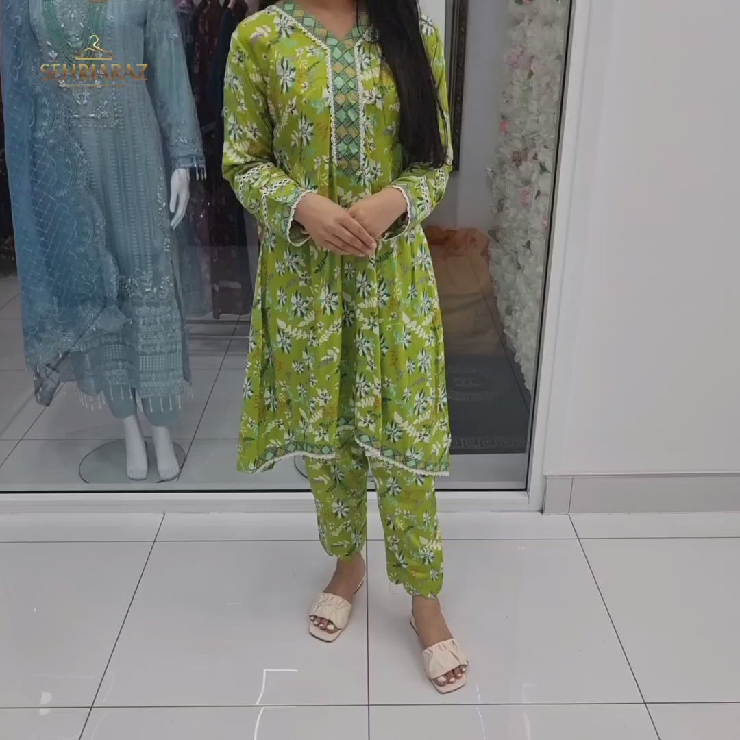 Luxury Pakistani 2 pce Linen Co-Ord Print Dress Ready to Wear Outfit (LG)