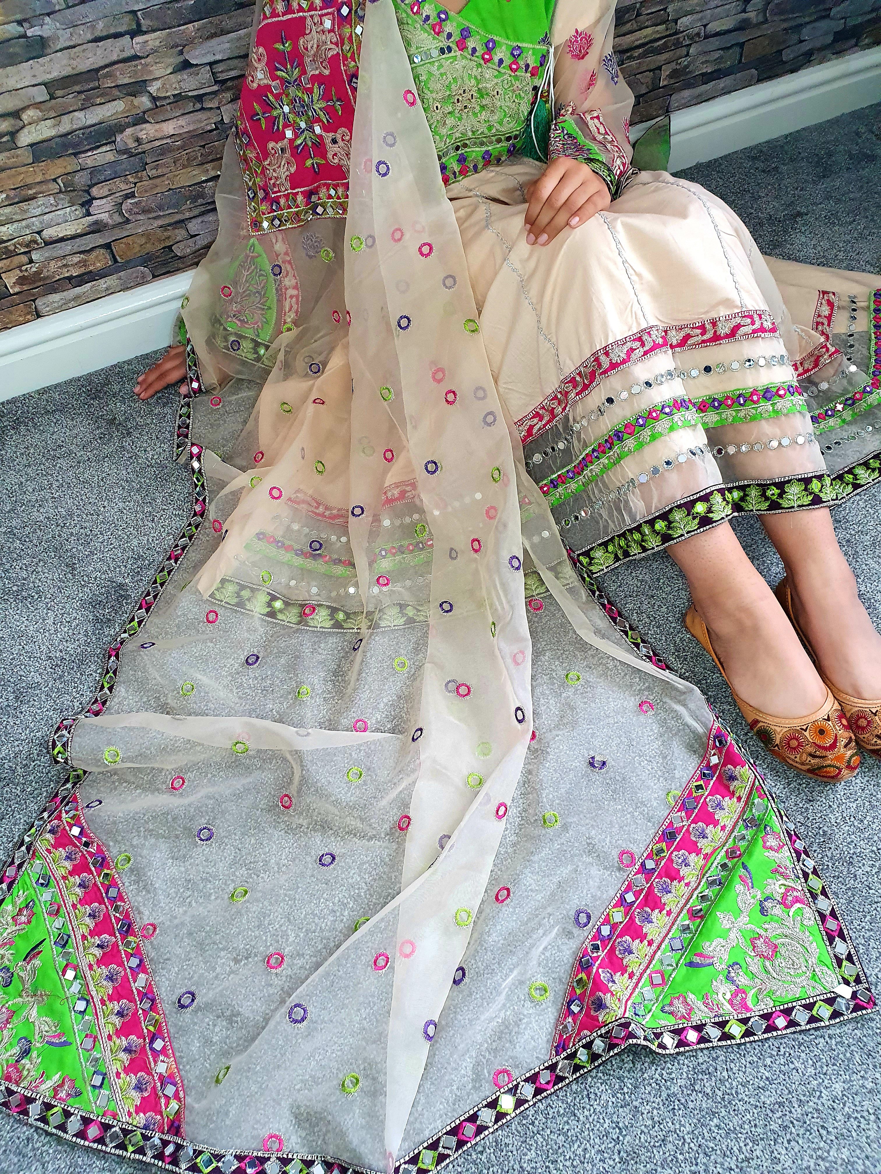 Pakistani Original Branded Afghan Style Mirror Work Anarkali Dress Embroidered Outfit BY-CRM